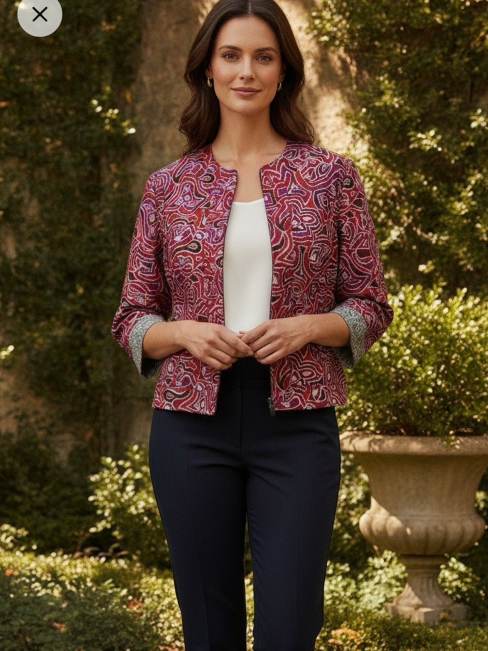 Chicos Womens Silk Jacket Pink Abstract Print 3/4 Sleeve Size L